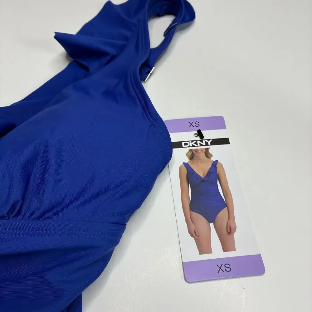 DKNY Dark Blue Ruffle V-Neck One Piece Swimsuit NWT Womens XS - Picture 2 of 7